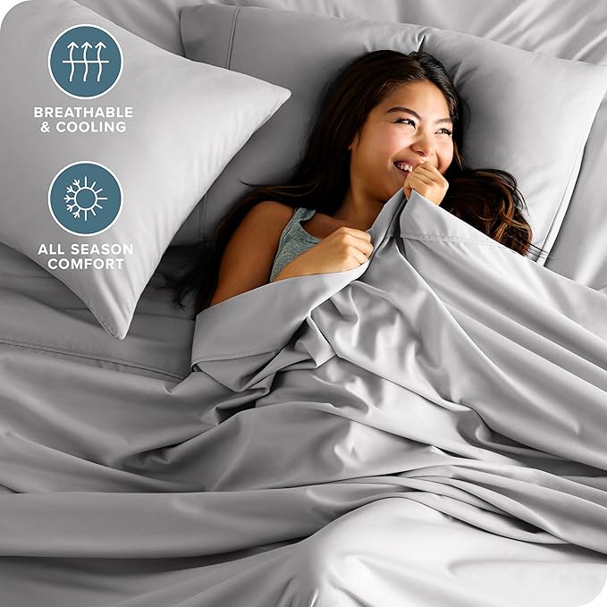 Bare Home Queen Sheet Set - Luxury 1800 Ultra-Soft Microfiber - Double Brushed - Deep Pockets - Easy Fit - 4 Piece Set - Bedding Sheets & Pillowcases (Queen, Light Grey)