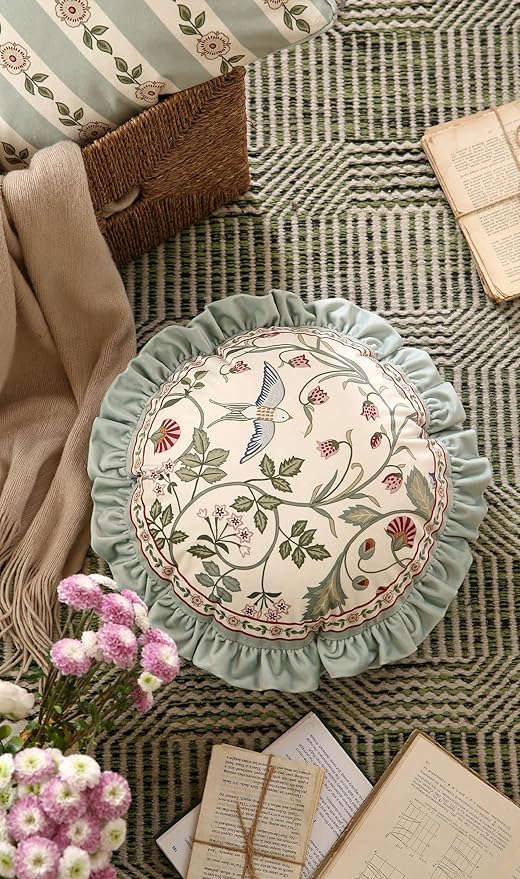 Round Throw Pillow Cover,Green Cozy Velvet Farmhouse with Birds and Floral Pattern Pillowcases,Decoration Pillows Cushion Covers for Couch Sofa Bed Car Chair,Diameter 16"