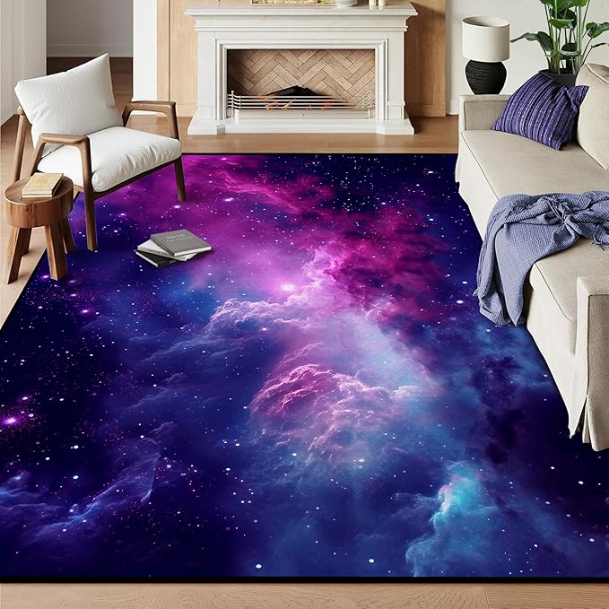 5' X 7' Purple Galaxy Rug Space Rugs Colorful Throw Rug Non-Slip Sun and Cloud Carpet Doormats for Living Room Bedroom Apartment Dorm Floor Mat