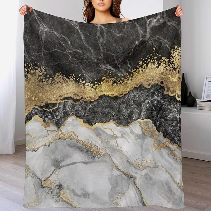 Modern Marble Blanket, Abstract Luxury Baroque Golden Black White Stone Veins Pattern Soft Warm Cozy Plush Flannel Covers for Livingroom Bedroom Couch Chair Camping Travel Home Decor Tapestry 40x50in