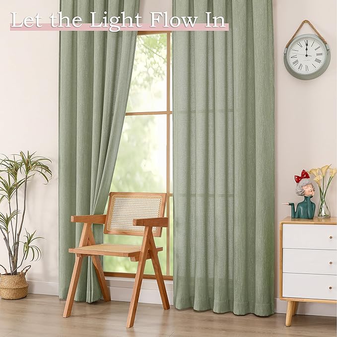 Simplebrand Sage Green Faux Linen Textured Semi Sheer Curtains 108 Inches Long 2 Panels for Living Room, Privacy Extra Long Light Filtering Farmhouse Thick Window Drapes for Large Window, 50W x 108L
