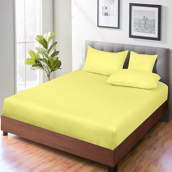 ROYALE LINENS 300 Thread Count 100% Long Staple Combed Cotton Fitted Sheet Queen - Super Soft Deep Pocket Bottom Sheet - Fitted Sheets Only - Elastic Sheets (Queen, Yellow)