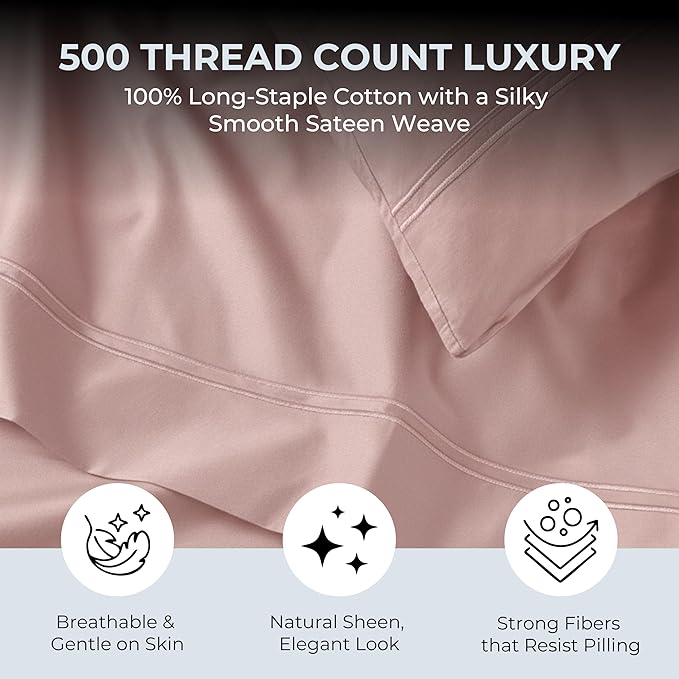 100% Natural Cotton Bed Sheets | 500 TC Single-Ply Sateen Weave Twin Sheets Set | Soft, Breathable, Hypoallergenic Solid 3-Piece Bedding with Deep Pocket Fitted, Flat, Pillowcase | Blush