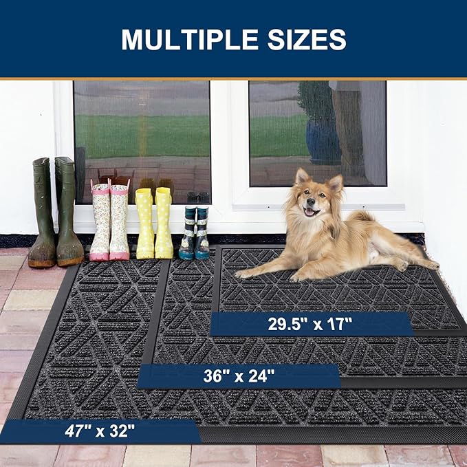 Smiry Front Door Mat Outside Entrance, Heavy Duty Sturdy Natural Rubber Doormat, Trap Dirt and Moisture, Easy Clean Low Profile Mats for Indoor Outdoor Entry, Grid Geometric (36x24, Grey)