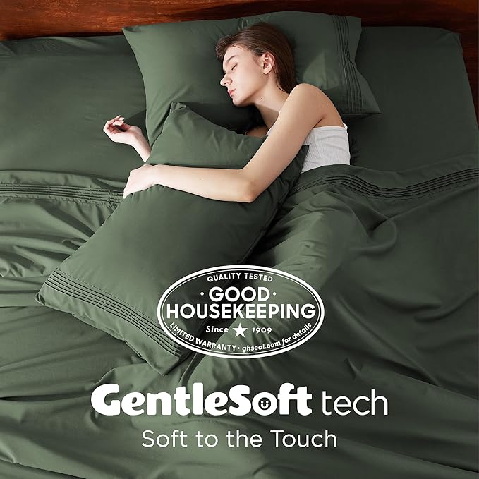 Bedsure Twin XL Sheets Dorm Bedding, GentleSoft Breathable Extra Long Twin Sheets & Pillowcases, Moisture Wicking Cooling, Deep Pocket Fits Mattress Up to 21 Inches Thick, Olive Green
