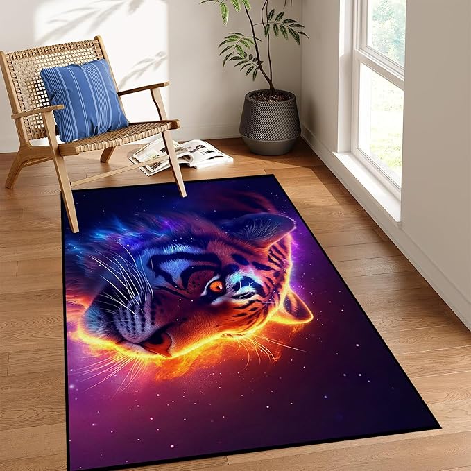 Galaxy Tiger Rug 3D Fierce Tigers Area Rugs for Bedroom Living Room Playroom Gameroom Boys Kids Fire Glitter Carpet Throw Rugs Floor Mat 79 in x 39 in
