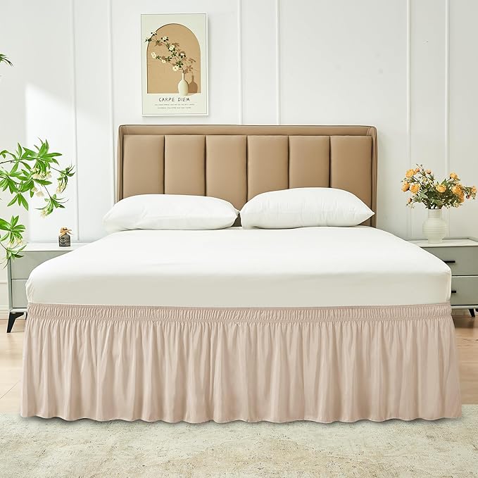 Biscaynebay Wrap Around Bed Skirts for King & Cal King Beds 17" Long Drop, Sand Adjustable Elastic Dust Ruffles Easy Fit Wrinkle Resistant Silky Luxurious Fabric Machine Washable
