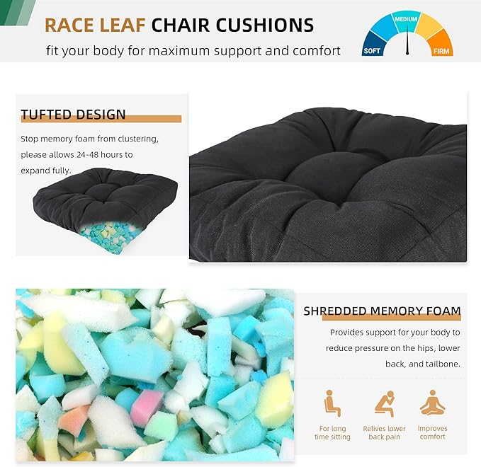 RACE LEAF 17" x 17" Patio Chair Cushions Black - Outdoor/Indoor Tufted Memory Foam Chair Pads Set of 2, Water-Resistant Olefin Chair Seat Cushion Non-Slip Backing