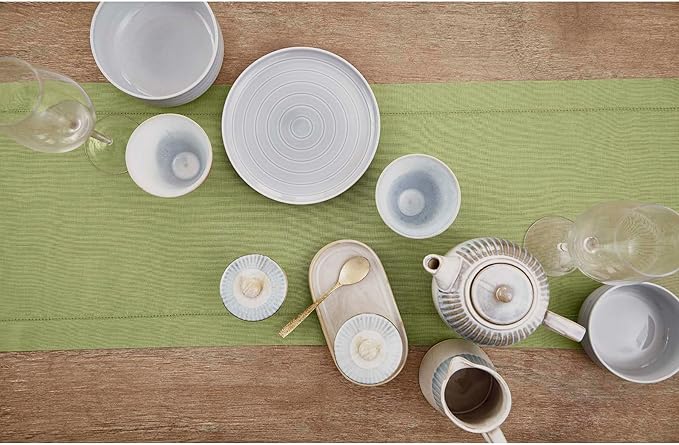 Solino Home Linen Moss Green Hemstitch Table Runner 48 Inches - 100% Pure Linen Small Table Runner 14 x 48 Inch Ideal for Dresser and Coffee Tables - Classic Hemstitch - Winter