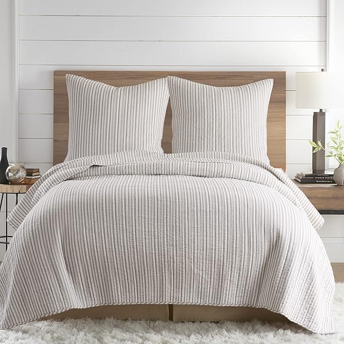 Levtex Home - Tobago Stripe Taupe - Quilted Taupe and White Shams Set of Two (26x26in.), No Insert - Pin Stripe - Cotton Fabric