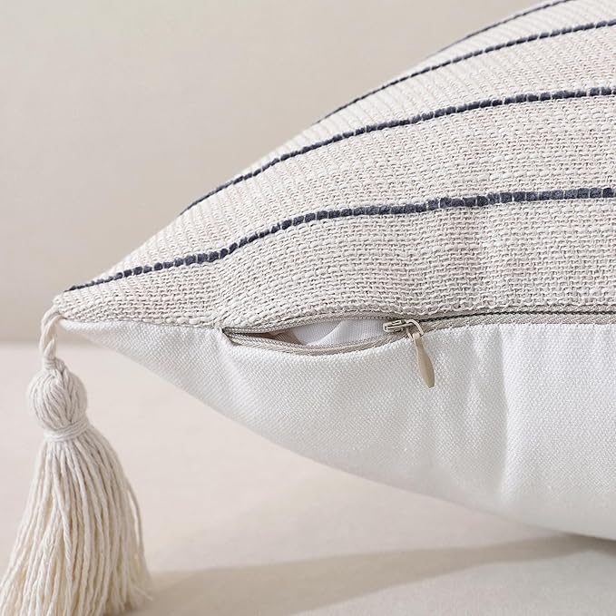 Boho Lumbar Pillow Covers 14x36 Inch Long, Textured Linen Striped Cushion Covers with Tassels, Soft & Cozy Farmhouse Decor Pillow Cases for Sofa Couch Living Room, (Dusty Blue,(Pack of 1))