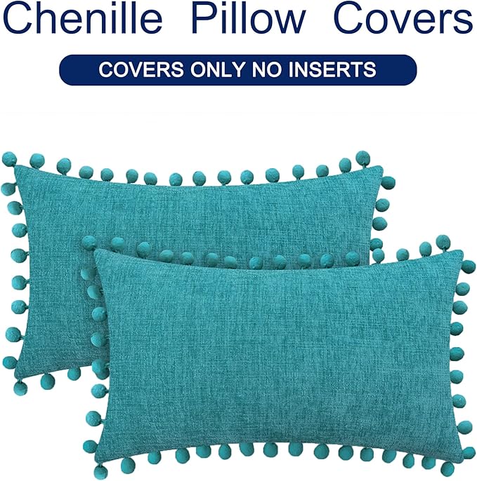 CaliTime Throw Pillow Covers Decorative 20 X 12 Inches Pack of 2 Cozy Solid Dyed Soft Chenille Cushion Cases with Pom Poms for Couch Sofa Bed Living Room Home Lake Blue