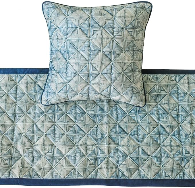 The HomeCentric King/Queen/Twin Blue Designer Queen 74"x18" Bed Runner with 2 Pillow Cover, Indigo, Printed & Quilted Bed Scarf on Suede Fabric - Indigo Centric