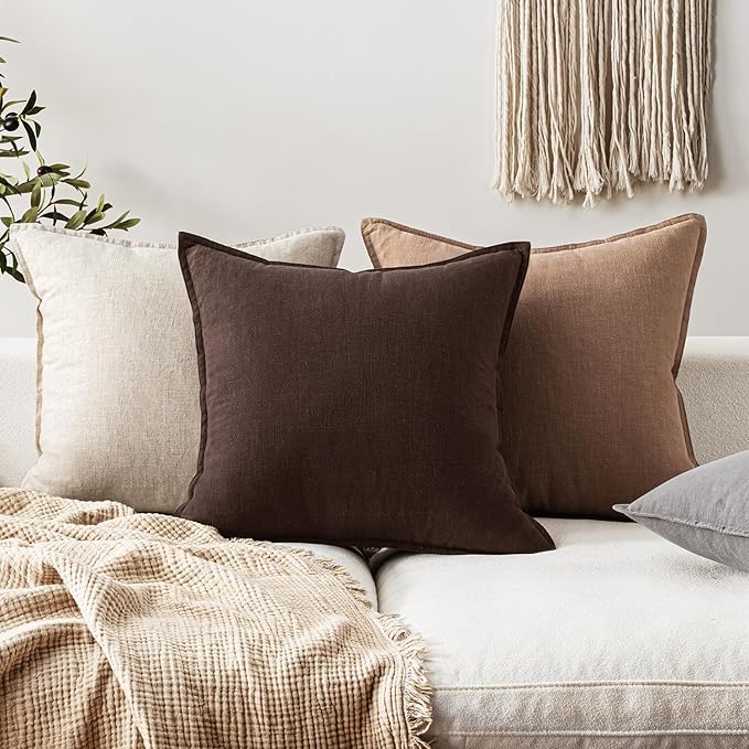 EMEMA Throw Pillow Covers Decorative Linen Pillow Covers 22x22 Inch Dark Brown Boho Farmhouse Neutral Couch Throw Pillows for Bed Pack of 2 Accent Pillowcase Modern Sofa Cushion Livingroom Home