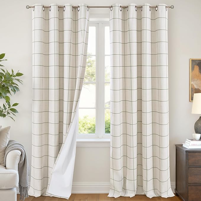 Plaid Patterned Curtains Thermal Insulated - 96 Inches Extra Long Total Linen Blackout Curtains for Living Room, Boho Drapery for Farmhouse Bedroom 52x96 Inch 2 Panels, Dark Green