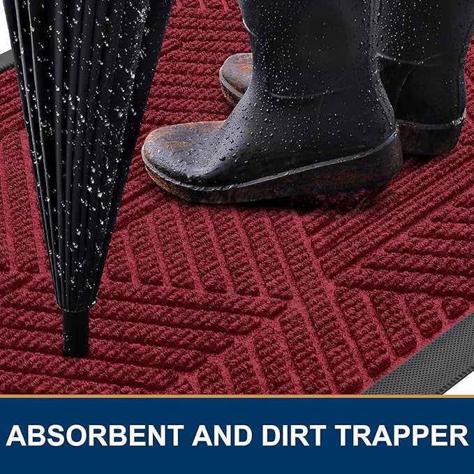 Smiry Front Door Mat Outside Entrance, Heavy Duty Sturdy Natural Rubber Doormat, Trap Dirt and Moisture, Easy Clean Low Profile Mats for Indoor Outdoor Entry, Irregular Triangle (71x24, Wine Red)