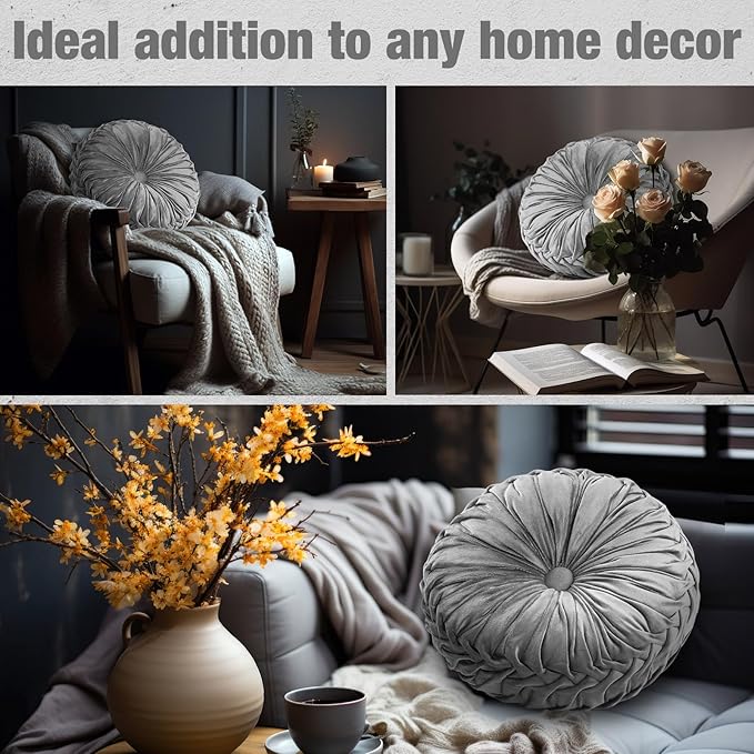 2 Pcs Round Throw Pillows 15 Inch Decorative Velvet Pleated Pumpkin Floor Boho Pillows for Living Room Couch Chair Bed Sofa (Gray)