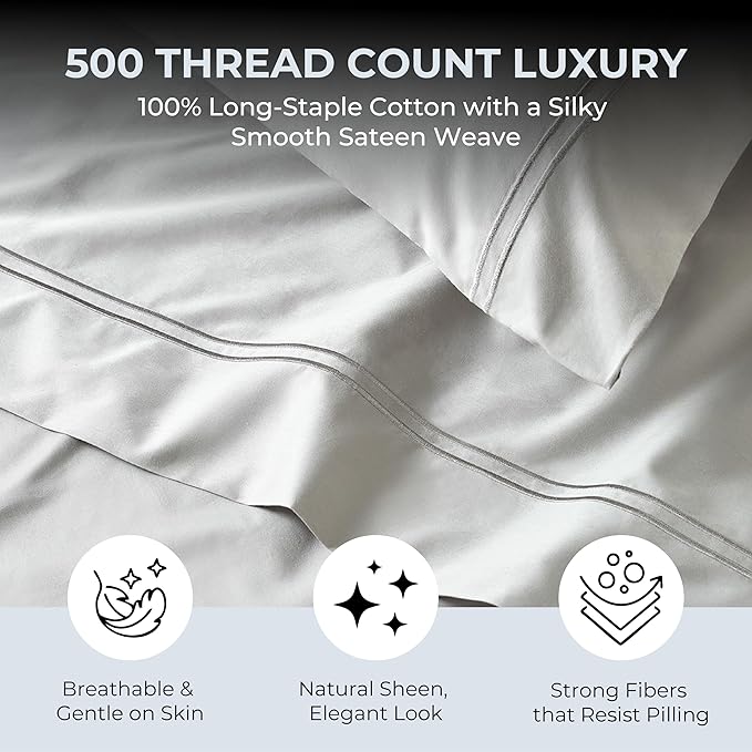 100% Natural Cotton Bed Sheets | 500 TC Single-Ply Sateen Weave Twin Sheets Set | Soft, Breathable, Hypoallergenic Solid 3-Piece Bedding with Deep Pocket Fitted, Flat, Pillowcase | Grey
