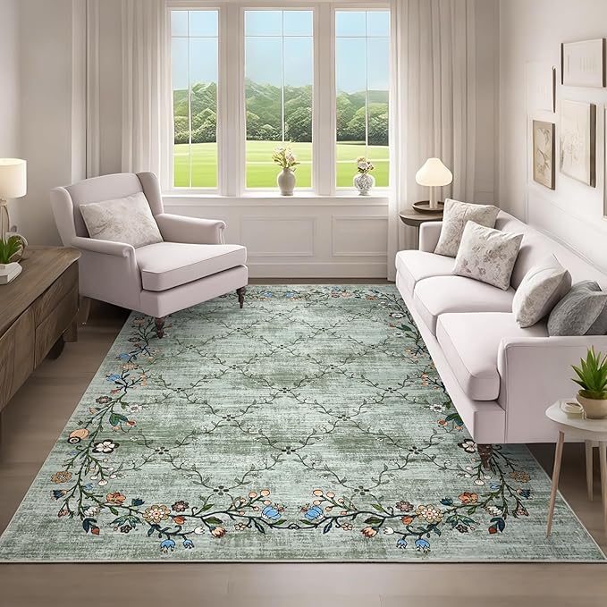 GarveeHome 9x12 Washable Floral Area Rugs for Living Room: Modern Floral Non Slip Large Area Rugs for Bedroom, Large Machine Washable Living Room Low Pile Carpet with Non-Slip Backing Green 9'x12'.