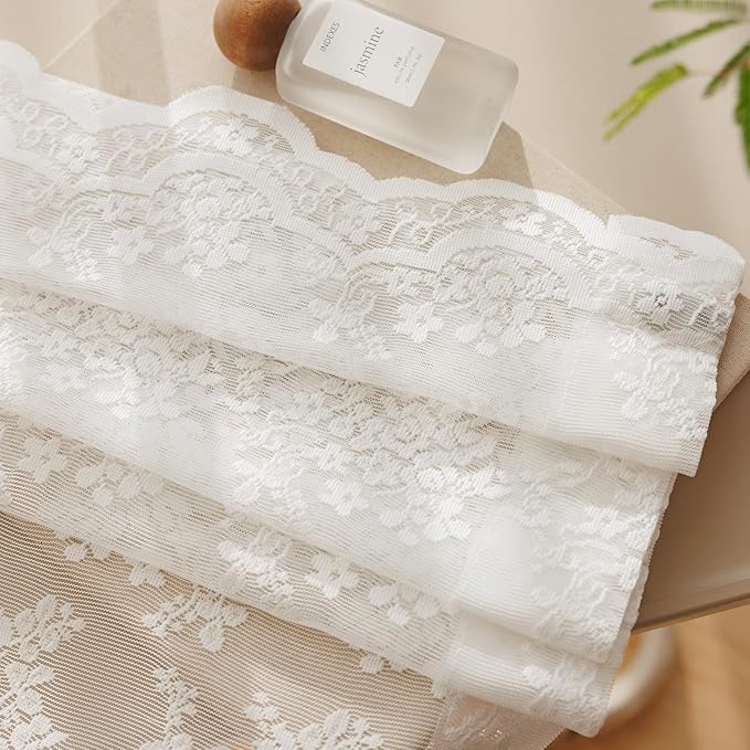 Anmao Vintage White Lace Curtains 45 Inches Long 2 Panels Set, Romantic Elegant Light Filtering Semi Sheer Floral Thick Lacy Curtain Drapes for Living Room and Bedroom, Each Panel 55W x 45L, Off White