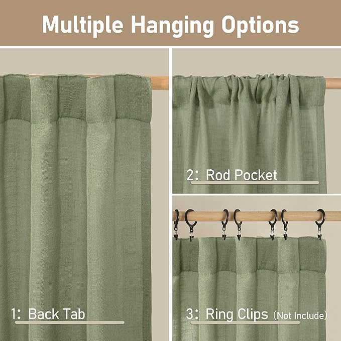LAMIT Extra Wide Linen Curtains for Bedroom, Light Filtering Faux Linen Textured Panels Semi Sheer Back Tab and Rod Pocket Boho Drapes for Living Room/Farmhouse, 2 Panels, Sage Green, 60 x 63 Inch