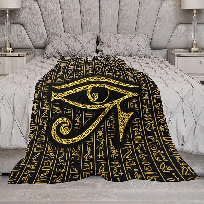 Ancient Egyptian Blanket, Egyptian Eye of Horus Ancient Culture Golden Egyptian Hieroglyphs Alphabet Print Blankets for Couch Sofa Bed Boys Mens, 40"x50"