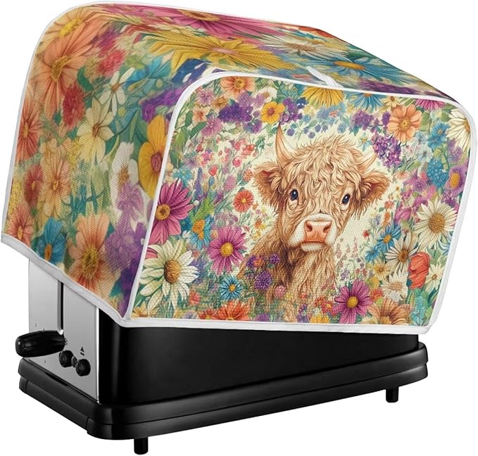 ZFRXIGN Flower Highland Cow Toaster Covers 4 Slice Toaster Dust Cover Hippie Toaster Bag Kitchen Appliance Covers Toaster Oven Dustproof Cover Washable Western Cattle Toaster Cover