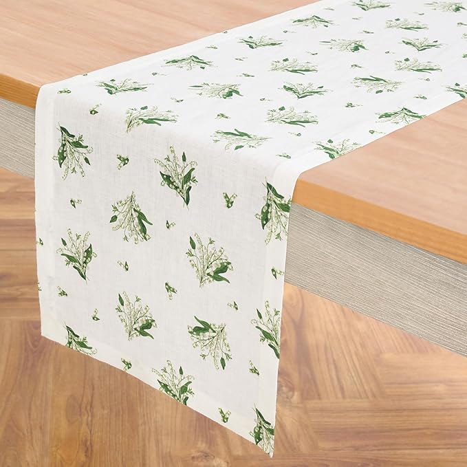 Solino Home Lily Floral Print Table Runner 90 Inches Long - 100% Pure Linen Table Runner 14 x 90 Inch - Lily of The Valley/White Print
