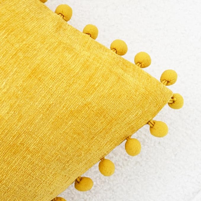 CaliTime Throw Pillow Covers Decorative 18 X 18 Inches Pack of 2 Cozy Solid Dyed Soft Chenille Cushion Cases with Pom Poms for Couch Sofa Bed Living Room Home Mustard Yellow