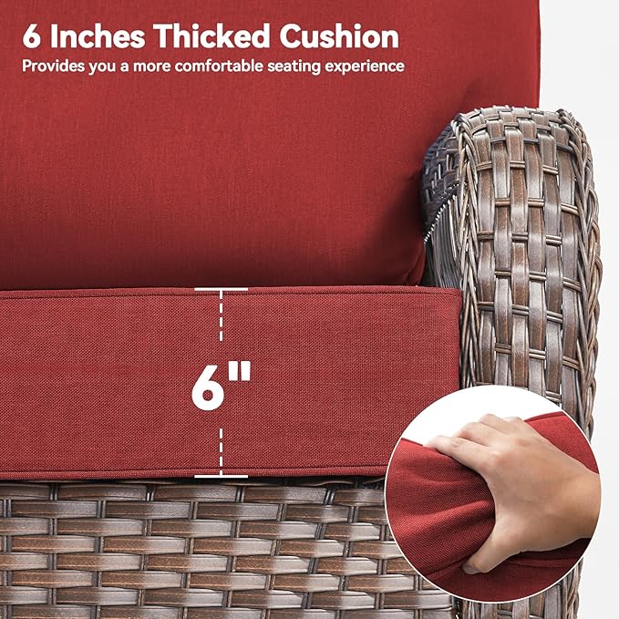 Luxury 6" Outdoor Cushions for Patio Furniture, 24x24x6" Thick Seat Cushion Set of 6, Fade Resistant Couch Chair Replacement Cushions High Density Deep Wicker Chair Cushion w/ Removable Cover, Red