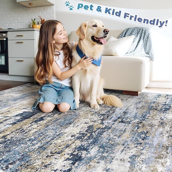 Area Rugs 5x7 for Living Room: Washable Rug Modern Abstract Neutral Soft Non-Slip Low-Pile Indoor Carpet for Bedroom Dining Room Playroom Home Office (Blue Grey Brown, 5'x7')