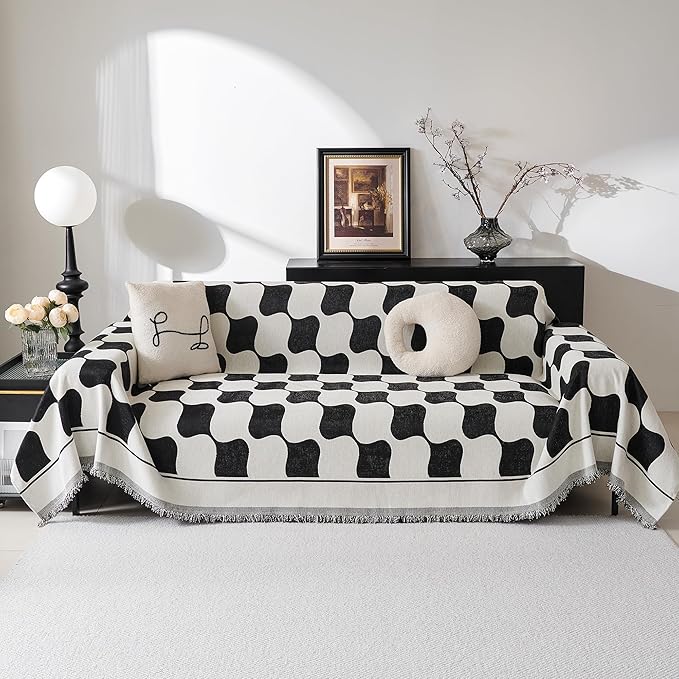 MEETSKY Sofa Covers Washable Couch Covers for 3 Cushion Couch Sofa Pet Friendly, Simple Modern Plaid Jacquard Couch Covers for Dogs, 91" x 118", Black Checkerboard