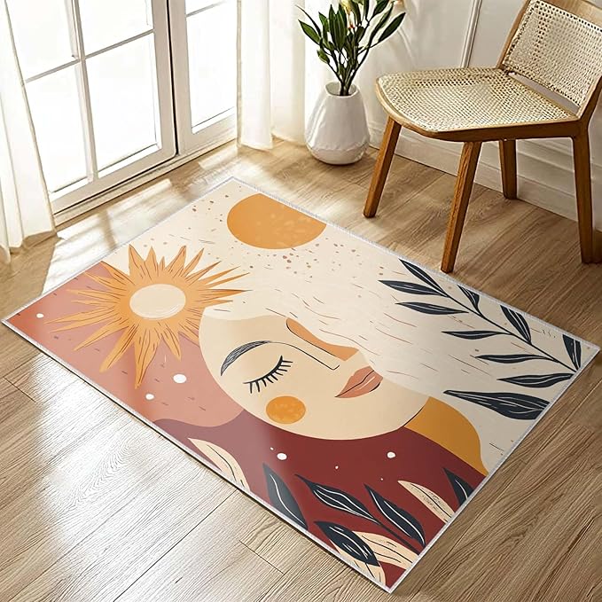 2x3 Sun and Moon Entryway Area Rug Beige Yellow Bathroom Rug Non Slip Machine Washable Low Pile Small Carpet Kitchen Bedroom Door Mat Entrance