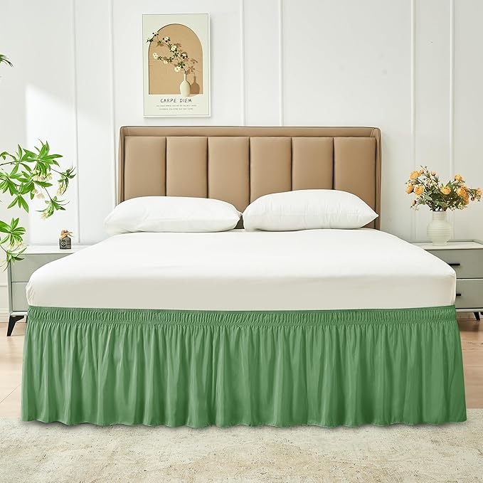 Biscaynebay Wrap Around Bed Skirts for Full & Full XL Beds 15" Drop, Sage Adjustable Elastic Dust Ruffles Easy Fit Wrinkle & Fade Resistant Silky Luxurious Fabric Machine Washable