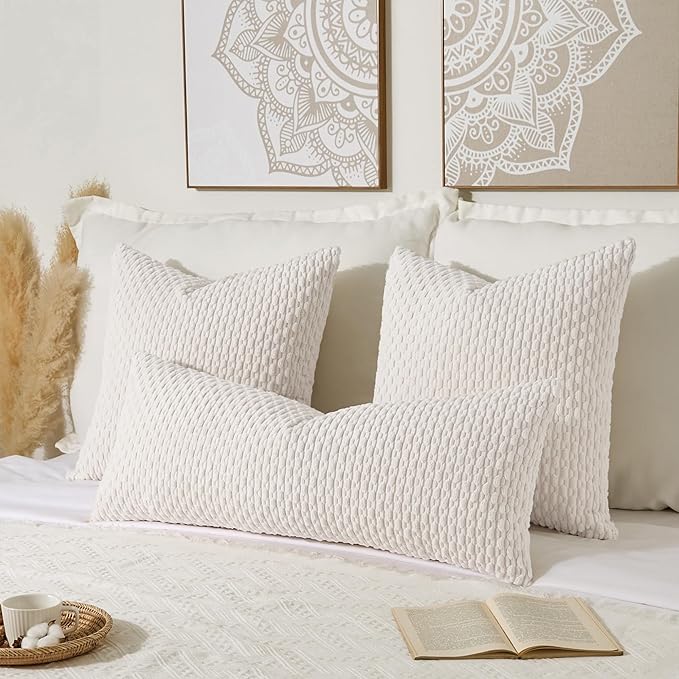 Kevin Textile 14x24 Inch Pillow Cover 1 Pack Boho Christmas Decorative Soft Striped Corduroy Lumbar Farmhouse Color Accent Rectangle Cushion Case for Living Room Couch Sofa Bed, Pure White
