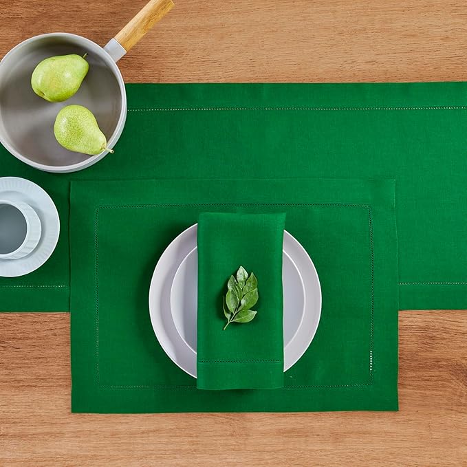 Solino Home Linen Table Runner 48 Inches - 100% Pure Linen Garden Green Hemstitch Table Runner 14 x 48 Inch Ideal for Dresser and Coffee Tables - Classic Hemstitch - Christmas, Winter, New Year
