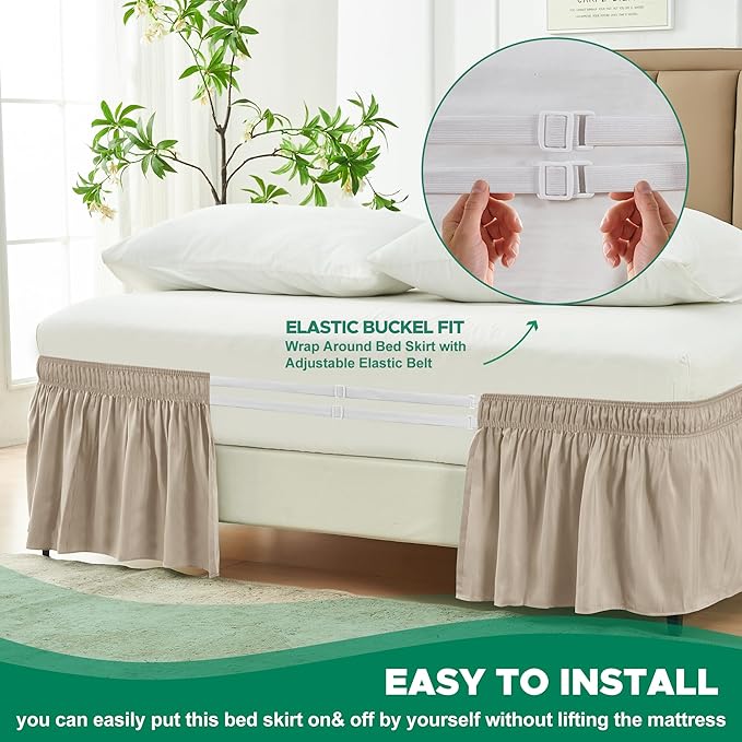 Biscaynebay Wrap Around Bed Skirts for King & Cal King Beds 16" Drop, Light Camel Adjustable Elastic Dust Ruffles Easy Fit Wrinkle & Fade Resistant Silky Luxurious Fabric Solid Machine Washable