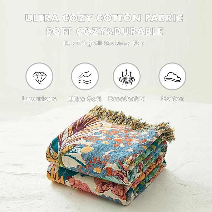MSGKV Boho Throw Blanket for Couch 50"x60" 100% Cotton Vine Embroidery Blanket Bed Chair Sofa Blankets Muslin Breathable All Seasons Lightweight Farmhouse Blankets Home Decor