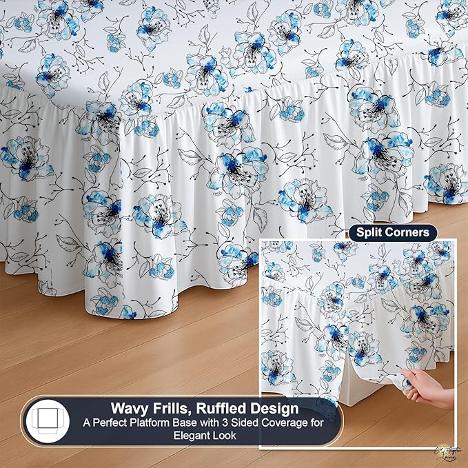 Cottington Lane Ruffled Bed Skirt Queen Size with Split Corner, Brushed Microfiber Hotel Quality Dust Ruffle, 14 Inch Drop Gathered Bedskirt, Soft, Stylish, Shrink & Fade Resistant, Blue Blossom