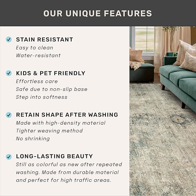 Neutral Dark Rugs for Living Room - 6x9 Washable Rug for Dining Room Table, Bedroom Under Bed, Ultra-Thin Soft Textured Moss Green Indoor Decor