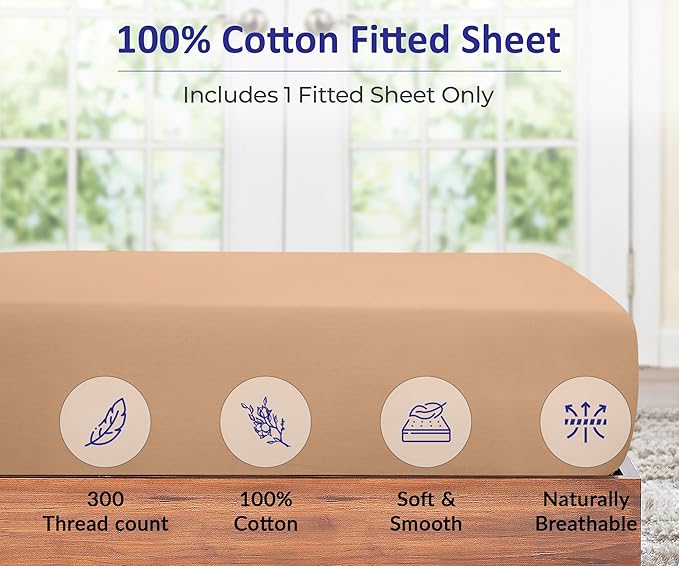 ROYALE LINENS 300 Thread Count 100% Long Staple Combed Cotton Fitted Sheet Full - Super Soft Deep Pocket Bottom Sheet - Fitted Sheets Only - Elastic Sheets (Full, Sand)