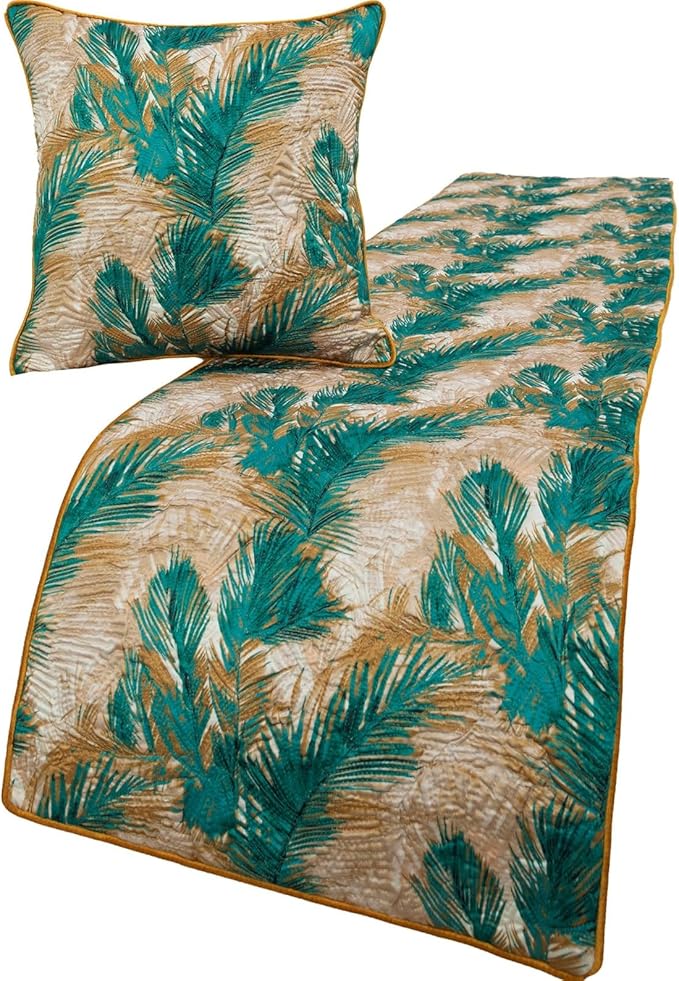 The HomeCentric King/Queen/Twin Green Decorative Queen 74"x18" Bed Runner Without Pillow Cover, Plam Leaves & Quilted Bed Scarf on Satin Fabric - Palms