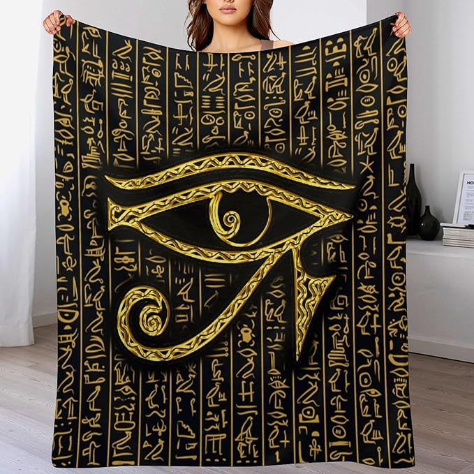 Ancient Egyptian Blanket, Egyptian Eye of Horus Ancient Culture Golden Egyptian Hieroglyphs Alphabet Print Blankets for Couch Sofa Bed Boys Mens, 50"x60"