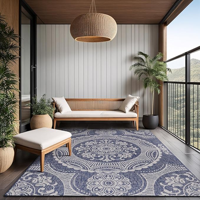 Medallion Outdoor Rug 9x12 Washable Outside Carpet for Indoor Patio Porch Waterproof Easy Cleaning Non Shedding Area Rugs Blue 9 x 12