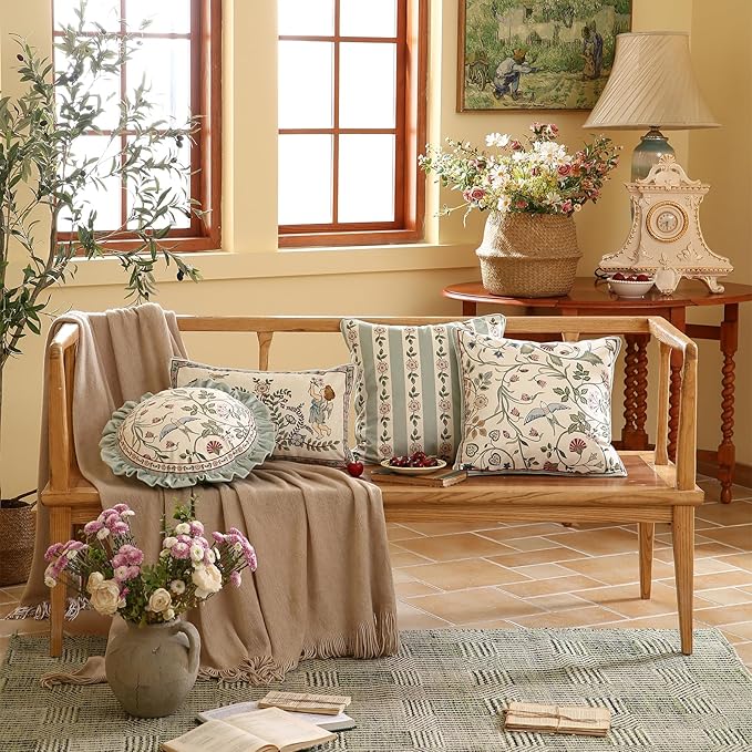 Round Throw Pillow Covers Pack of 2,Green Cozy Velvet Farmhouse with Birds and Floral Pattern Pillowcases,Decoration Pillows Cushion Covers for Couch Sofa Bed Car Chair,Diameter 16"