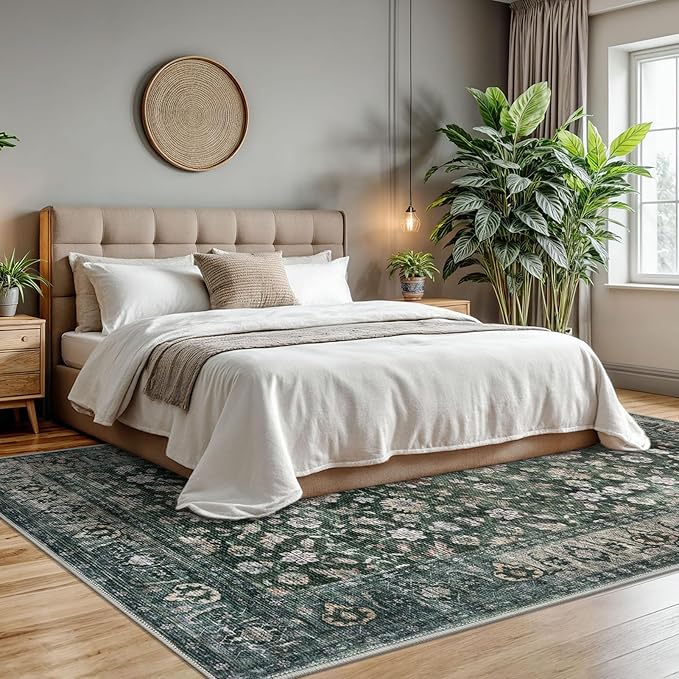 KUTA Vintage 8x10 Area Rugs for Living Room, Washable Large Rug for Bedroom 8ft x 10ft Non-Slip, Dark Green Ultra Thin Soft Printed Traditional Floral Medallion Distressed Dining Room Low-Pile Carpet