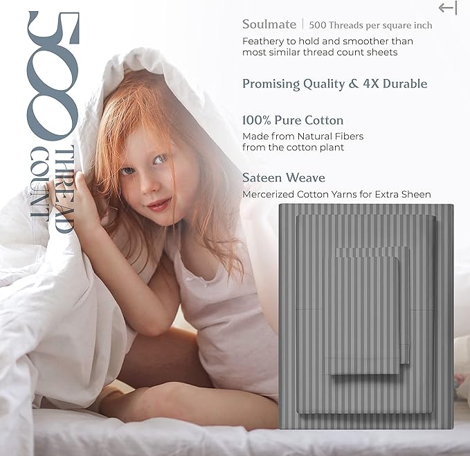 Mayfair Linen 100% Cotton Striped Sheets Split King Size Bed Set - 500 Thread Count Damask Split King Sheets for Adjustable Bed, 5 PC Set (Dark Grey Stripe), Cooling, Sateen 16" Deep Pocket Bedsheet