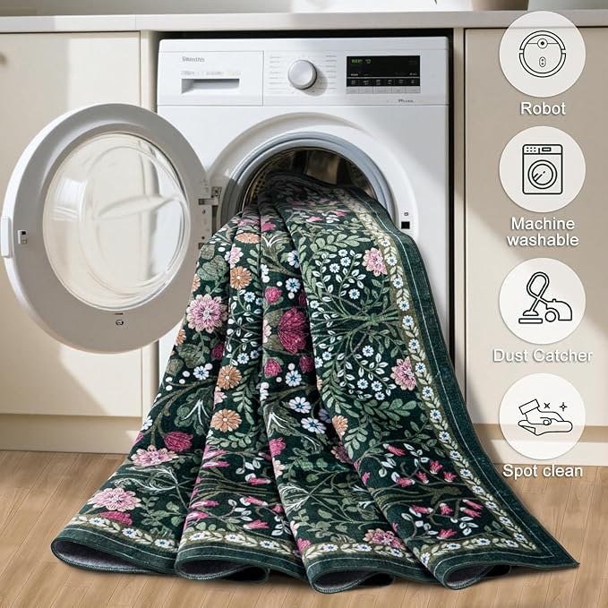 Area Rugs 9x12 Living Room: Floral Washable Rug Vintage Large Soft Boho Non-Slip Carpet Indoor Floor Stain Resistant Low Pile Carpets for Bedroom Dining Room Farmhouse Nursery Home Office Dark Green