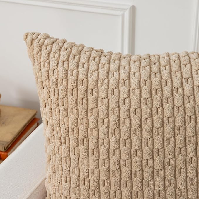 Kevin Textile 14x22 Inch Pillow Cover 1 Pack Boho Decorative Soft Striped Corduroy Lumbar Farmhouse Solid Color Accent Rectangle Cushion Case for Living Room Couch Sofa Bed, Beige