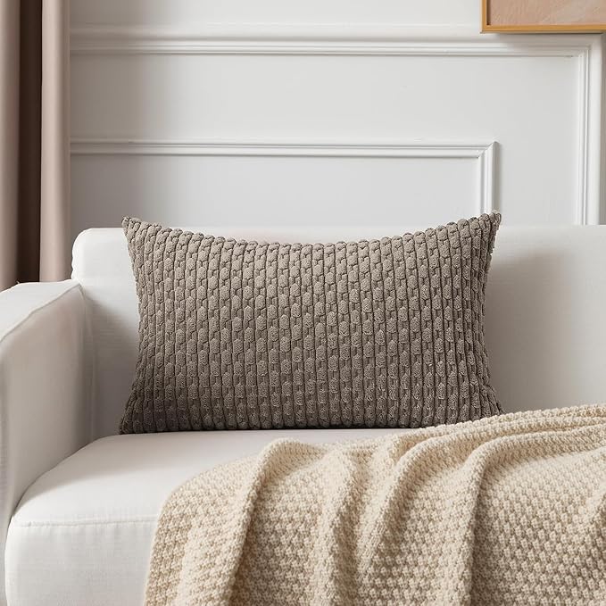 Kevin Textile 12x24 Inch Pillow Cover 1 Pack Boho Decorative Soft Striped Corduroy Lumbar Farmhouse Color Accent Rectangle Cushion Case for Living Room Couch Sofa Bed, Light Brown